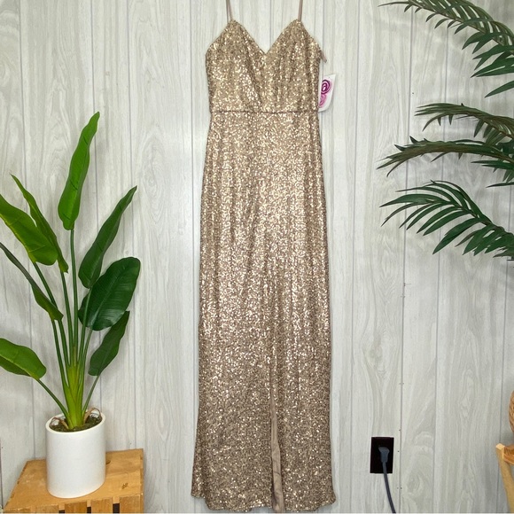 NEW Amsale Samantha Spaghetti Strap V Neck Sequin Gown BHLDN size 6 NWT - Picture 2 of 13